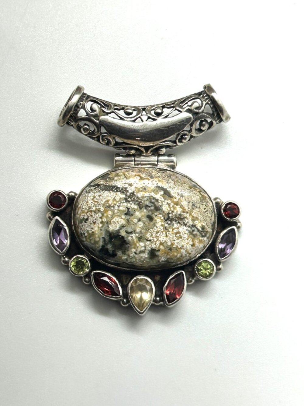 Oval Buffalo Stone Cabochon Pendant With Garnet, Amethyst, Peridot and Citrine
